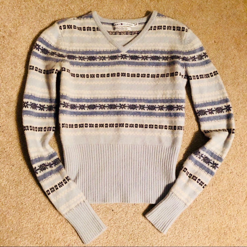 👕 Tommy Hilfiger Blue Striped Winter Snowflake Striped Sweater 💙